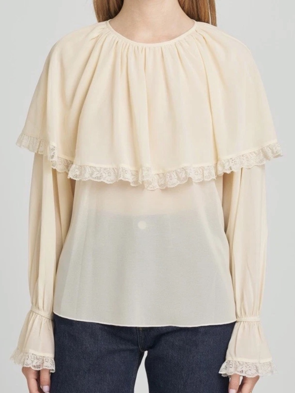 WAYF Women's S Ivory Solid Semi-Sheer
Lace Capelet Jewel Neck Button Top
NWT